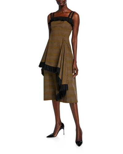 Adeam Plaid Asymmetric Ruffled Dress In Brown Pattern