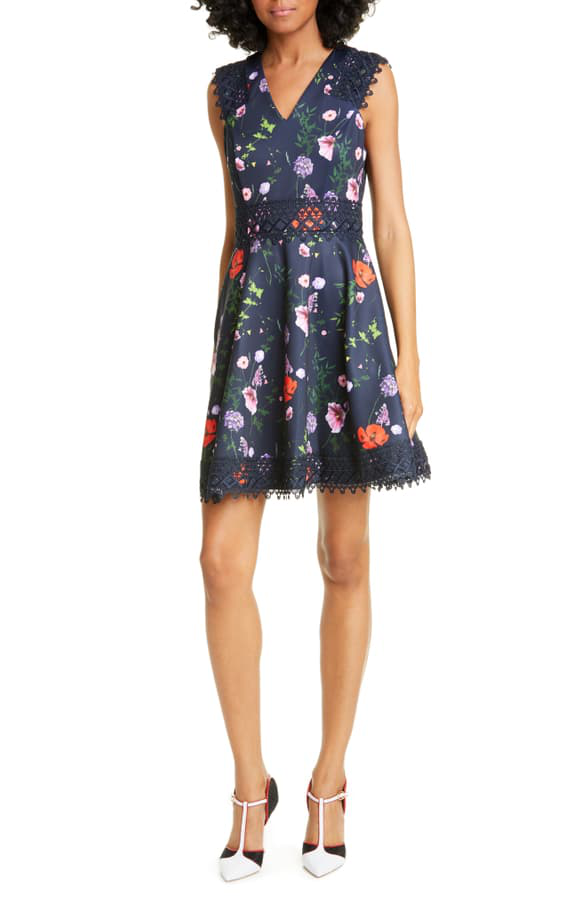 Ted Baker Floral V-neck Sleeveless Lace-trim Cut Away Skater Dress In  Dk-blue | ModeSens