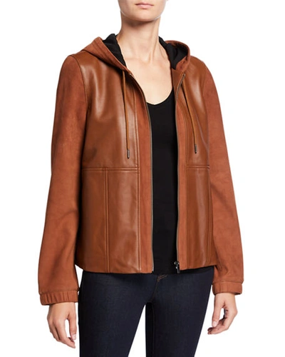 Neiman Marcus Mixed-media Zip-front Leather Hoodie Jacket In Cognac