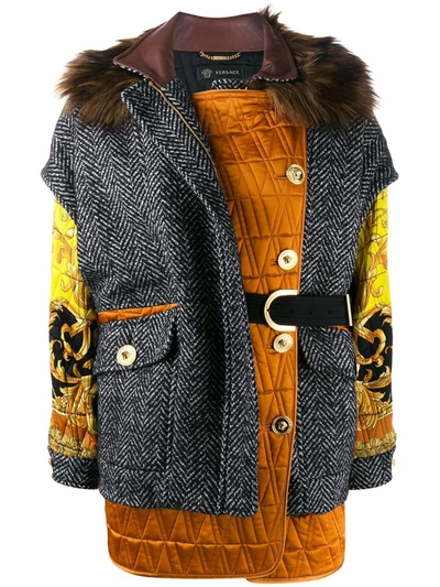 Versace Quilted Jacket With Removable Faux Fur Trim In Red Multi
