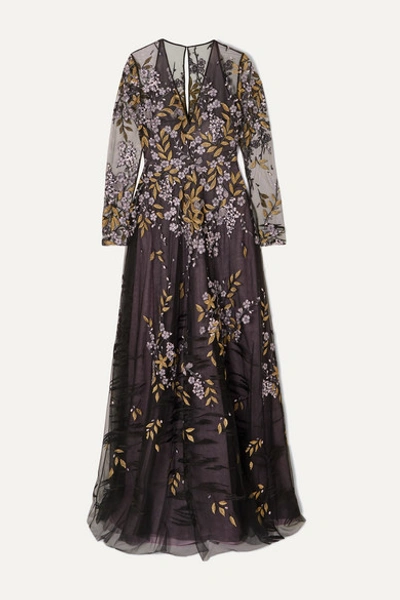 Naeem Khan Long-sleeve Floral-embroidered Lace Illusion Gown In Black