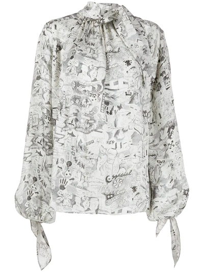 Off-white Graphite Drawing Tie-neck Flowing Shirt In Grey