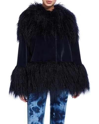 Amanda Baldan Mongolian Faux-fur Cuffed Coat In Blue