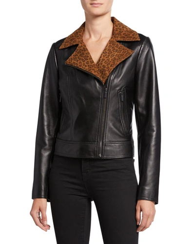Neiman Marcus Lambskin Leather Moto Jacket With Leopard-print Collar In Black
