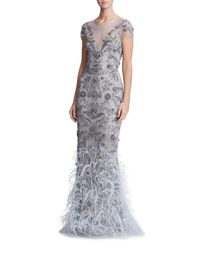 Marchesa Feather-embellished Tulle Illusion Gown In Gray