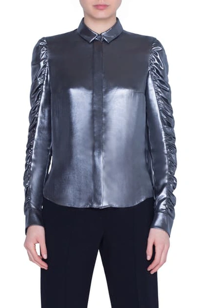 Akris Punto Ruched Sleeve Metallic Crepe Blouse In Silver