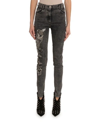 Balmain Crystal-embroidered Skinny Jeans In Black