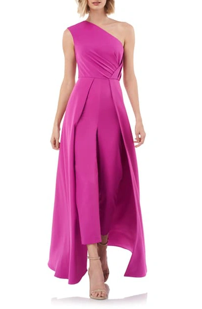 Kay Unger One-shoulder Sleeveless Crepe Jumpsuit W/ Skirt