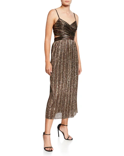 Aidan Mattox Pleated Metallic Stripe Sleeveless Midi Cocktail Dress In Gold Multi