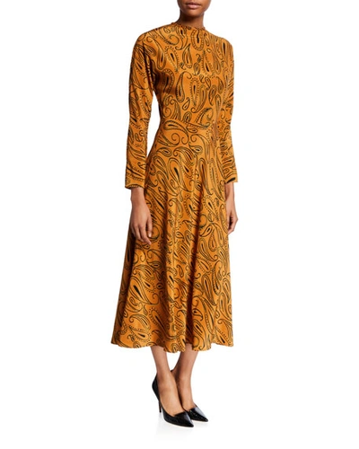 Aspesi Paisley-print Long-sleeve Midi Dress In Light Brown