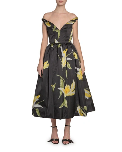 Marc Jacobs Off-the-shoulder Lily-print Taffeta Dress In Black