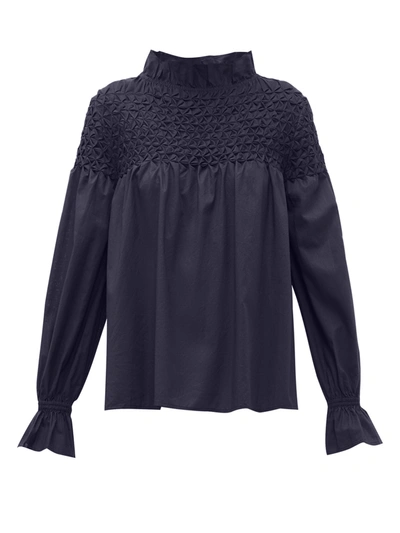 Merlette Majorelle Smocked Cotton-lawn Blouse In Navy