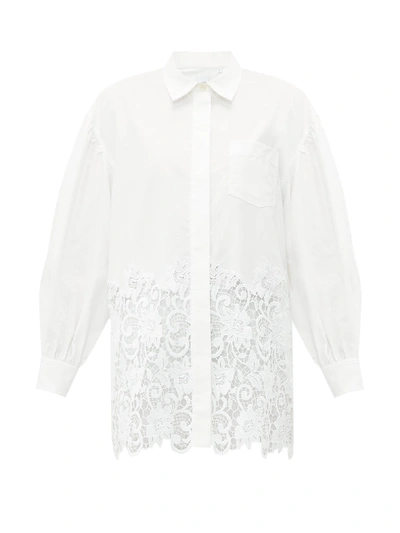 Burberry Macrame Lace Panel Cotton Oxford Oversized Shirt In White