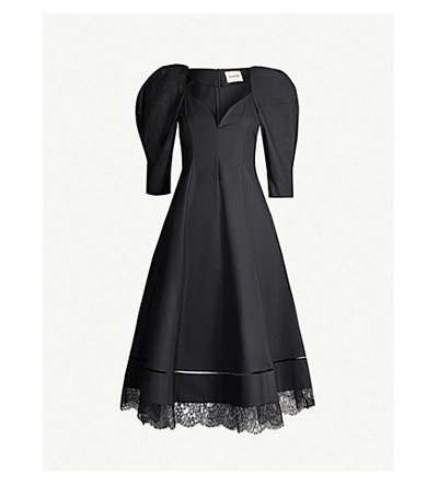 Khaite Dina Puffed-sleeve Cotton-poplin Midi Dress In Black