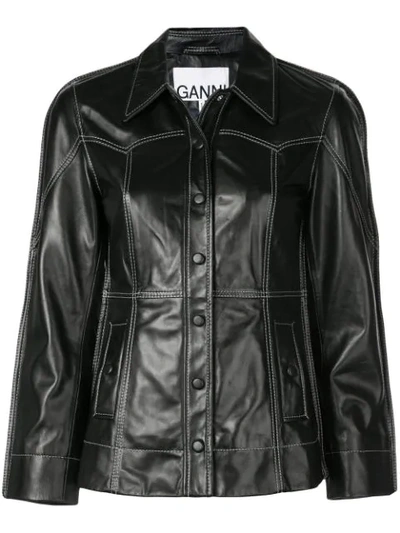 Ganni Buttoned-down Contrast-stitching Leather Jacket In Black