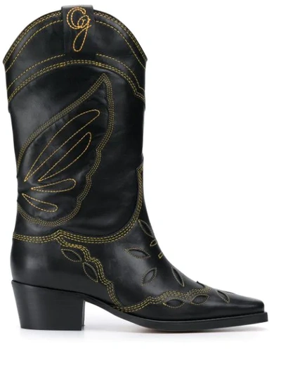 Ganni High Texas Embroidered Leather Boots In Black