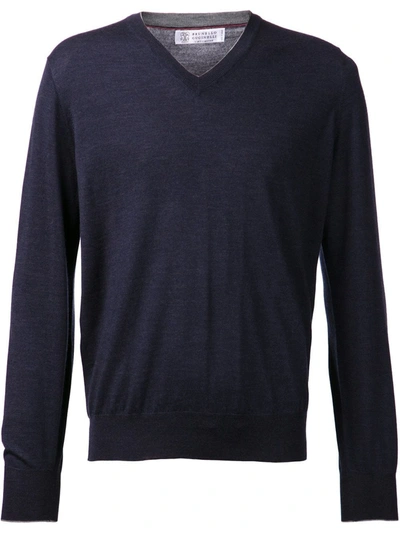 Brunello Cucinelli Fine Gauge Wool & Cashmere V-neck Sweater In Navy