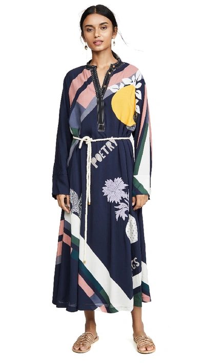 Tory Burch Scarf Print Embroidered Long Sleeve Midi Dress With Rope Belt In Navy Poetry Of Things