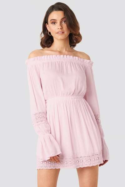 Queen Of Jetlags X Na-kd Off Shoulder Lace Detail Frill Dress Pink In Dusty Pink