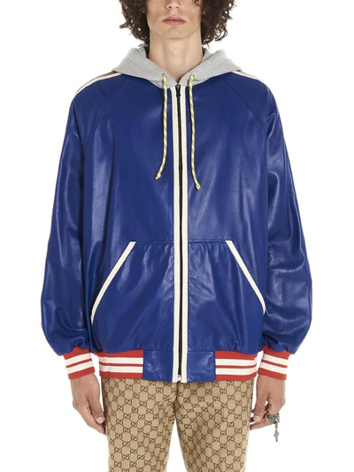 Gucci Contrasting Panelled Logo Printed Bomber Jacket In Blue