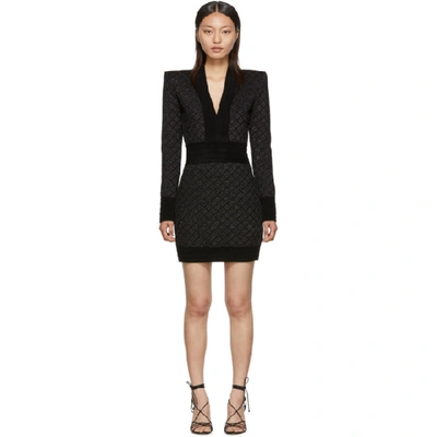 Balmain Diamond Knit Long Sleeve Sweater Dress In Noir