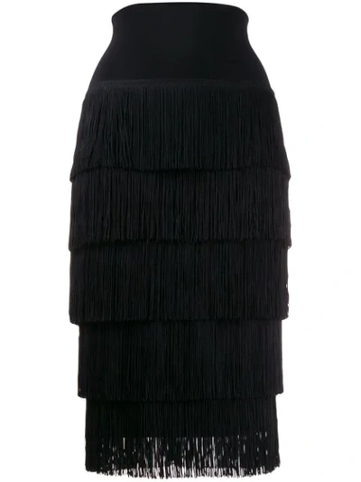 Norma Kamali Fringed Tiered Midi Skirt In Black