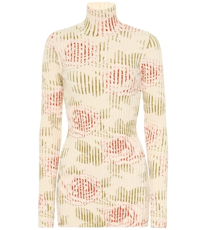 Paco Rabanne Floral-print Ribbed Cotton-blend Turtleneck Top In Ivory
