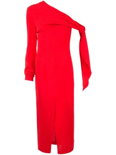 Materiel One-shoulder Draped Jacquard Midi Dress In Red
