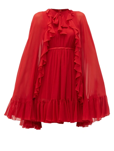 Giambattista Valli Cape-effect Ruffled Silk-georgette Dress In Red