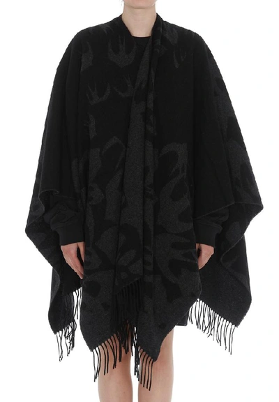 Alexander Mcqueen Swallow Print Fringed Poncho In Black