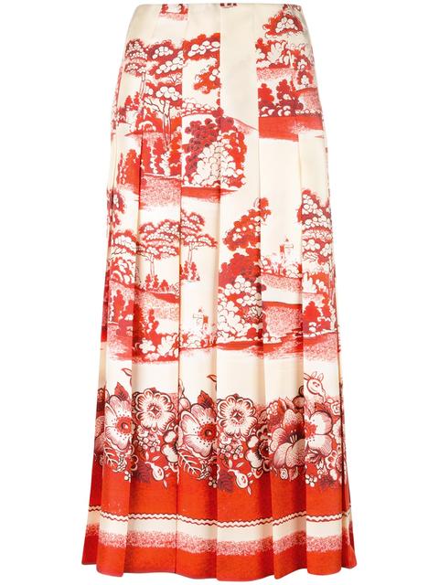 Gucci Porcelain Garden-print Pleated Silk Skirt In Mageolia | ModeSens
