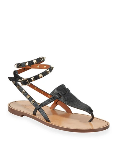 Valentino Garavani Flat Rockstud Ankle-wrap Gladiator Sandals In Black