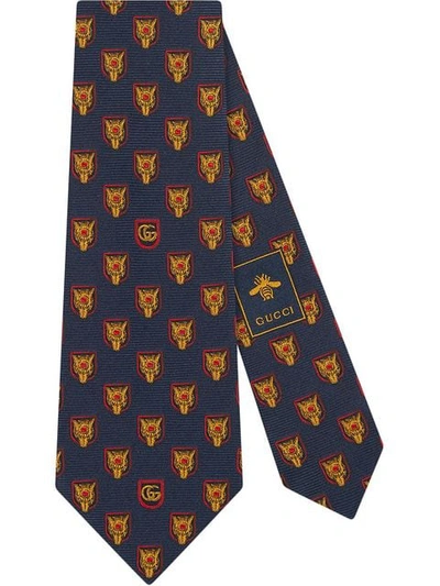 Gucci Wolf And Double G Crest Silk Tie In Blue