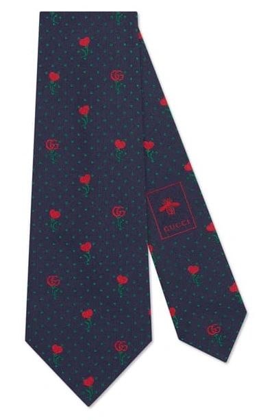 Gucci Heart & Flowers Silk Tie In Navy/ Red