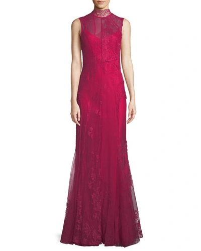 Givenchy Sleeveless Mock-neck Double-layer Mixed Lace Evening Gown In Fuchsia