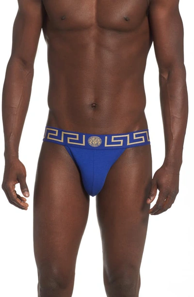 Versace Greek Key Low-rise Jock Strap In Bluette/ Gold