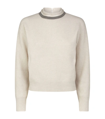 Brunello Cucinelli Embellished V-back Ribbed Cashmere Sweater In Ivory