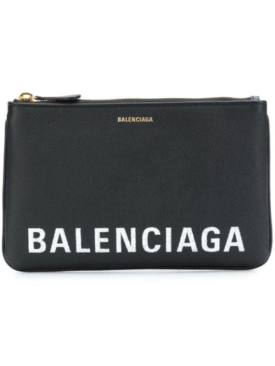 Balenciaga Ville M Logo-print Textured-leather Pouch In Grey