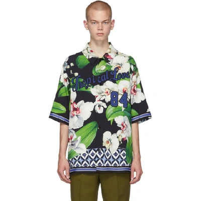 Dolce & Gabbana Linen Hawaiian Shirt With Orchid Print In Hnih1 Blkor