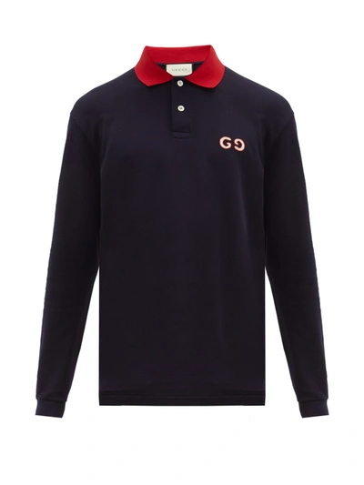 Gucci Gg-embroidered Cotton-blend Polo Shirt In Navy