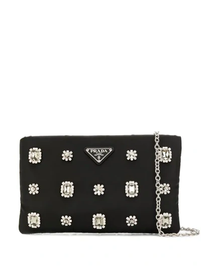 Prada Crystal Jewelled Nylon Pouch In F0dan Black