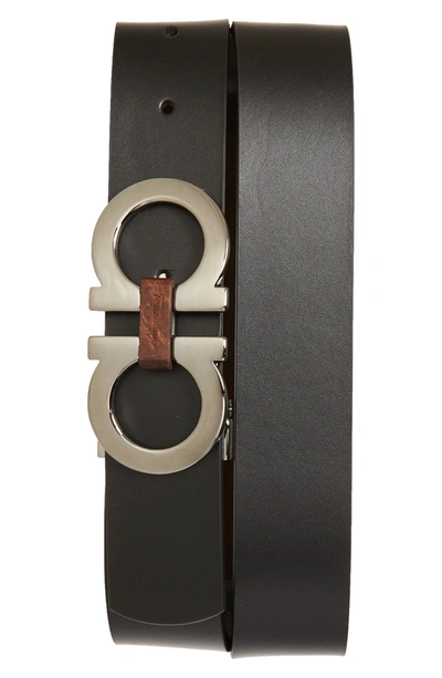 Ferragamo Men's Textured Reversible Belt With Shiny Gunmetal-tone Double Gancini Buckle In Black/ Brown