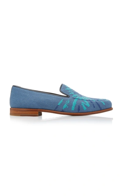 Stubbs & Wootton Leather-trimmed Embroidered Wool Loafers In Blue