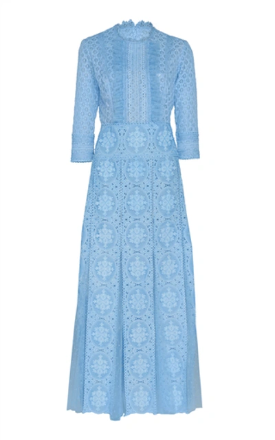 Costarellos Pleated Lace Midi Dress In Blue