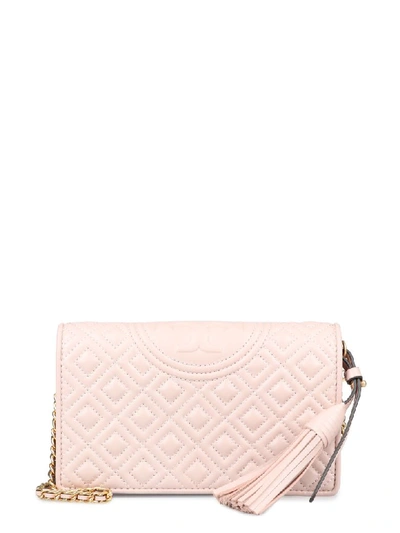 Tory Burch Fleming Quilted Leather Wallet On Chain In Shell Pink/gold