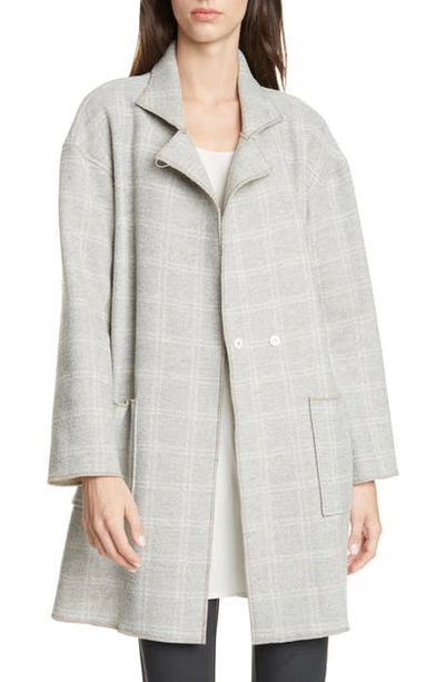 Eileen Fisher Heathered Check Wool-blend High-collar Coat In Dark Pearl