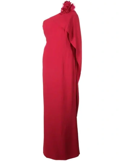 Marchesa One Shoulder Crepe Column Gown In Red