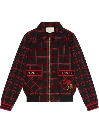 Gucci Check Wool Bomber With Patches In Black