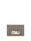 Miu Miu Embellished Logo Matelassé Cardholder In Grey