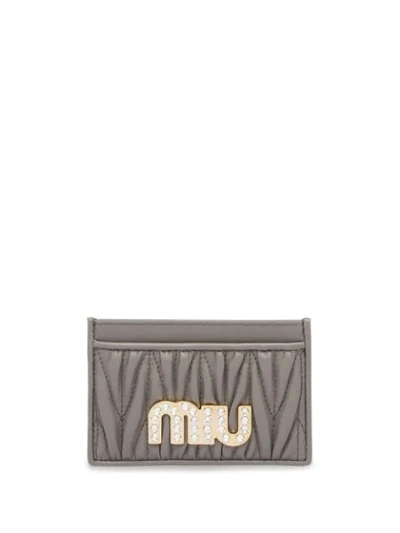 Miu Miu Embellished Logo Matelassé Cardholder In Grey